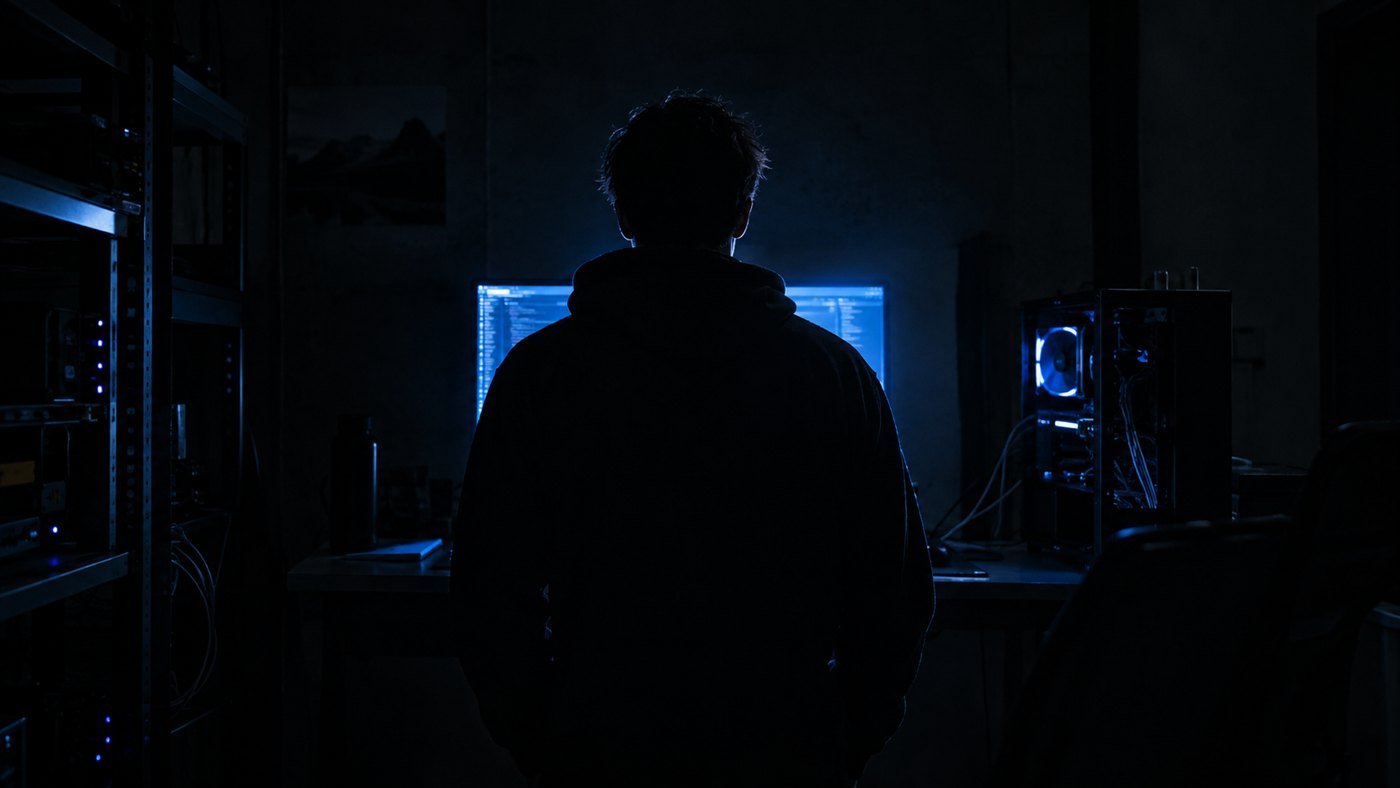 A figure standing in a dark room lit only by a monitor and an open desktop machine.